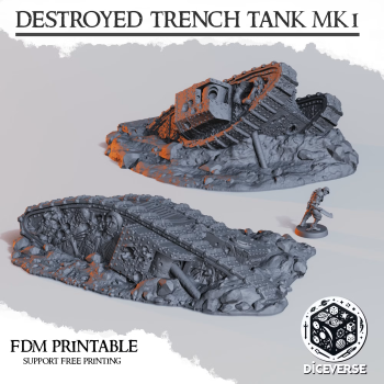 DiceVerse -  Drowned Front - Destroyed Trench Tank Mk1 - wydruk FDM - Trench Crusade